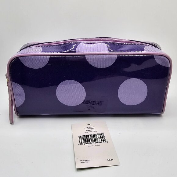 KATE SPADE Henrietta Cosmetic Bag Makeup Case Leather Pull Purple Polka Dots - Picture 2 of 6